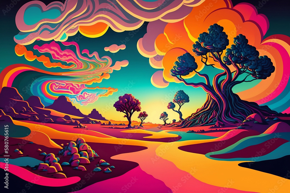 Colorful rainbow color landscape with trees, mountains, sky, and clouds. Colorful rainbow color landscape. Generative AI.