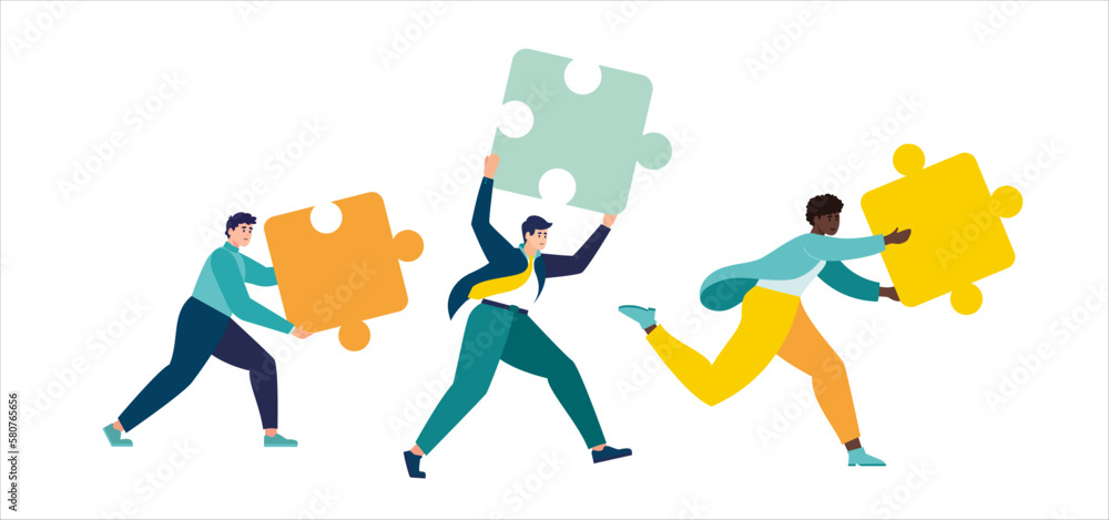 Obraz premium jigsaw puzzles are great element of team work and search for ideas. business teamwork together people connect puzzle elements. vector illustration in flat style