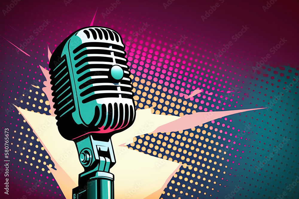 Retro style microphone on a stage with comic background. generative ai. Microphone - obrazy, fototapety, plakaty 