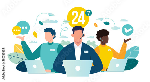 Customer service, hotline operators consult customers with headsets on computers, 24 7 global online technical support, Call center, call processing system, Vector illustration 