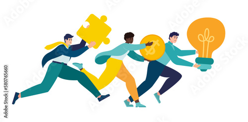 people run with ideas, money and creative puzzle solving. fast business running partners team. partnership running is a fast path to success and successful goal. vector illustration