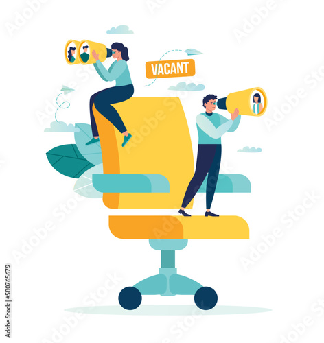 we are hiring, searching for employees for vacant place. find job. HR department reviews resumes of job applicants. job vacancy vector illustration. career opportunity concept binoculars and spyglass 