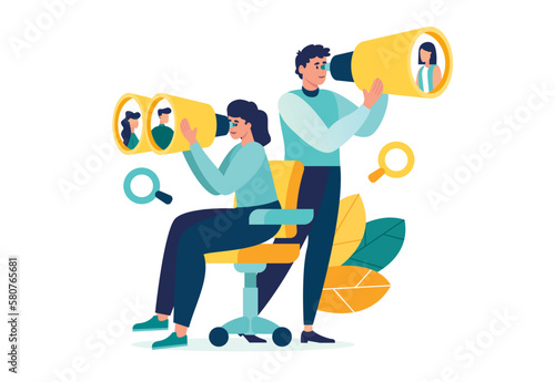 we are hiring, searching for employees for vacant place. find job. HR department reviews resumes of job applicants. job vacancy vector illustration. career opportunity concept binoculars and spyglass 