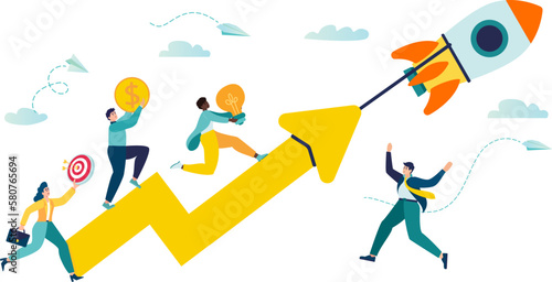 entrepreneurship teamwork on start up project startup. people run rocket ,investments ,ideas new project launch metaphor. company launches new acceleration product start. vector illustration teamwork
