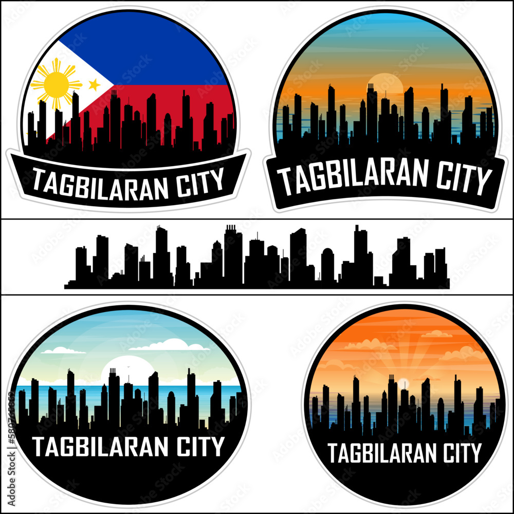 Tagbilaran City Skyline Silhouette Philippines Flag Travel Souvenir Sticker Sunset Background Vector Illustration SVG EPS AI