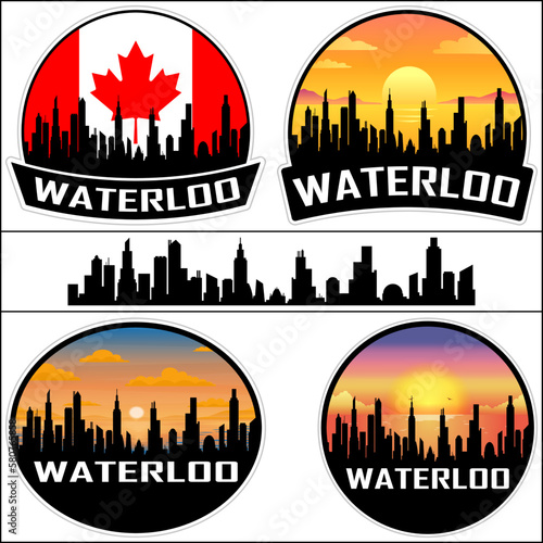 Waterloo Skyline Silhouette Canada Flag Travel Souvenir Sticker Sunset Background Vector Illustration SVG EPS AI