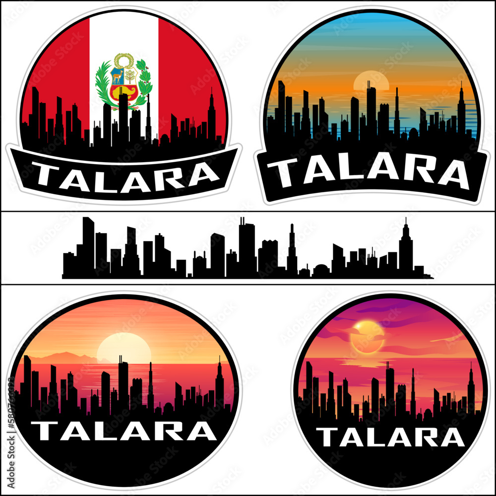 Talara Skyline Silhouette Peru Flag Travel Souvenir Sticker Sunset Background Vector Illustration SVG EPS AI