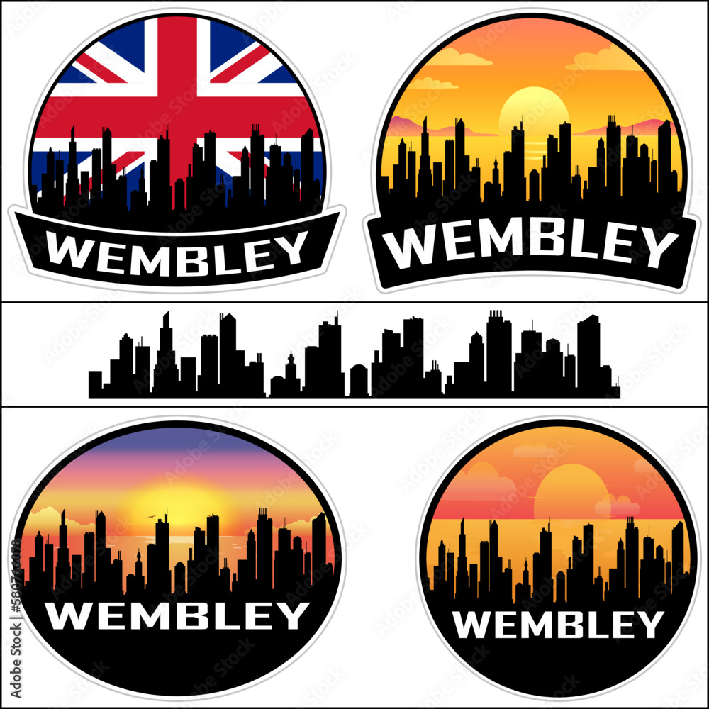 Wembley Skyline Silhouette Uk Flag Travel Souvenir Sticker Sunset Background Vector Illustration SVG EPS AI