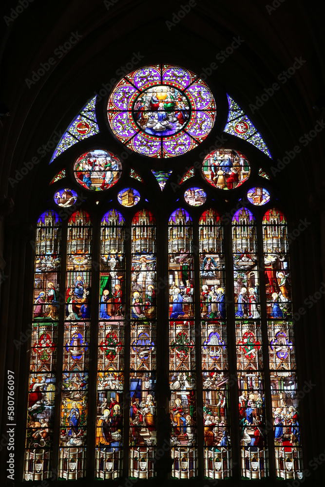 St Martin's catholic church, Villers sur Mer, France. Stained glass. St Martin's catholic church, Villers sur Mer, France. Stained glass.
