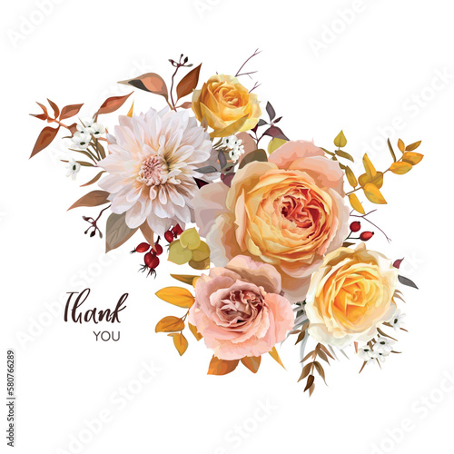 Chic autumn "Thank you" greeting card. Fall flowers bouquet. Vector, watercolor yellow orange roses, cream dahlia, red berries, eucalyptus leaves, branches illustration. Editable wedding invite design