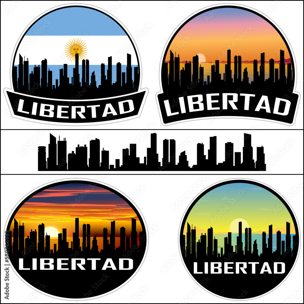 Libertad Skyline Silhouette Argentina Flag Travel Souvenir Sticker Sunset Background Vector Illustration SVG EPS AI