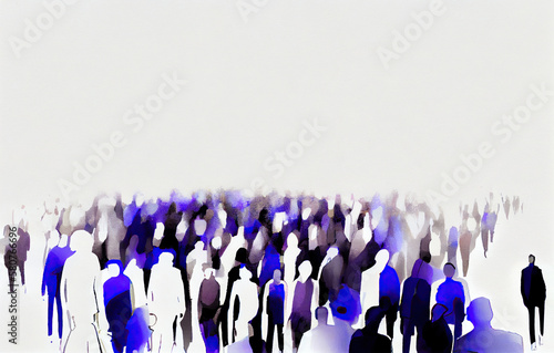 Banner with watercolor big crowd of people silhouettes in blue white lilac. Generative AI