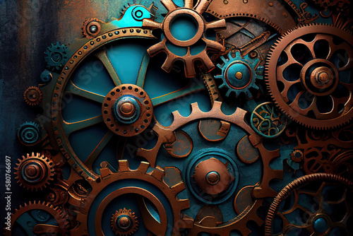 Old metal background with rusty mechanism with gear wheels. Generative AI
