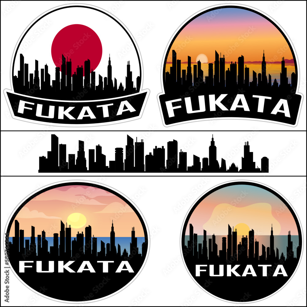Fukata Skyline Silhouette Japan Flag Travel Souvenir Sticker Sunset Background Vector Illustration SVG EPS AI
