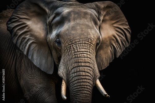Close up view Elephant. Animal in the wild, set against a black background. Generative AI