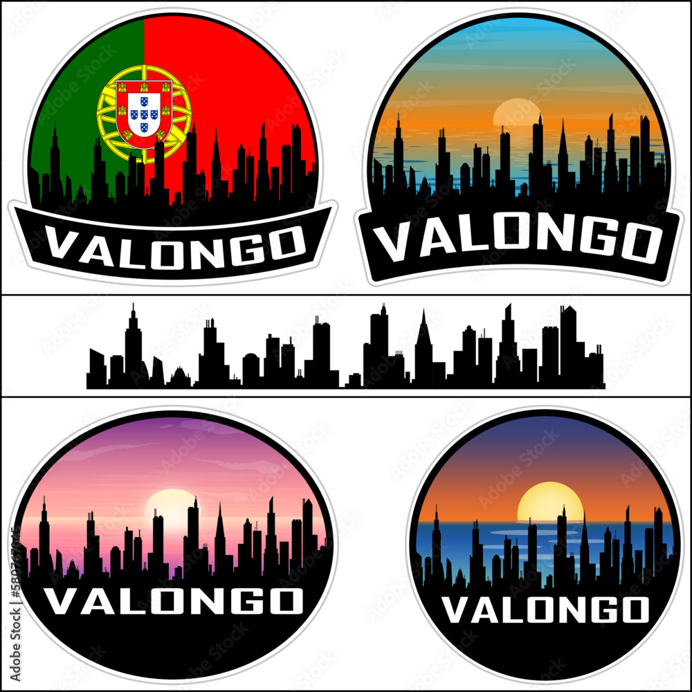 Valongo Skyline Silhouette Portugal Flag Travel Souvenir Sticker Sunset Background Vector Illustration SVG EPS AI