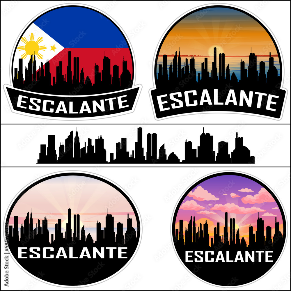 Escalante Skyline Silhouette Philippines Flag Travel Souvenir Sticker Sunset Background Vector Illustration SVG EPS AI