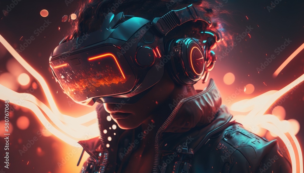 VR and AR technology futuristic concept. Man wearing 3d VR headset glasses looks up in cyberspace of metaverse. Generative AI VR and AR technology futuristic concept. Man wearing 3d VR headset glasses looks up in cyberspace of metaverse. Generative AI