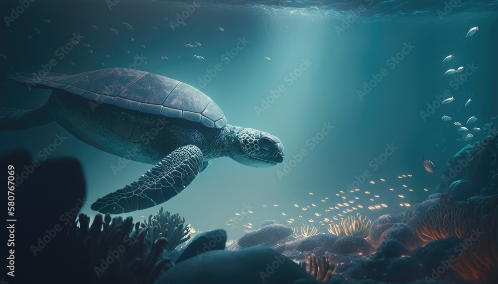 Sea turtle in blue ocean closeup. Green sea turtle closeup. Endangered species of tropical coral reef. Tropic seashore fauna. Summer travel seaside activity. Snorkeling with sea turtle. Generative AI