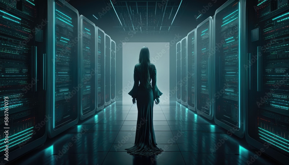 Female IT Specialist Uses Tablet in Data Center. Server Farm Cloud Computing Facility with Maintenance Administrator Working. Generative AI Female IT Specialist Uses Tablet in Data Center. Server Farm Cloud Computing Facility with Maintenance Administrator Working. Generative AI