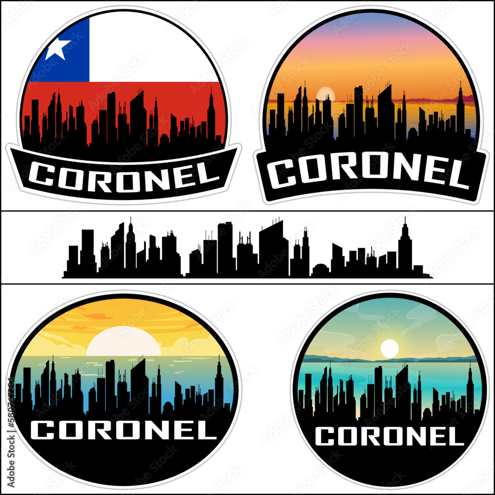 Coronel Skyline Silhouette Chile Flag Travel Souvenir Sticker Sunset Background Vector Illustration SVG EPS AI