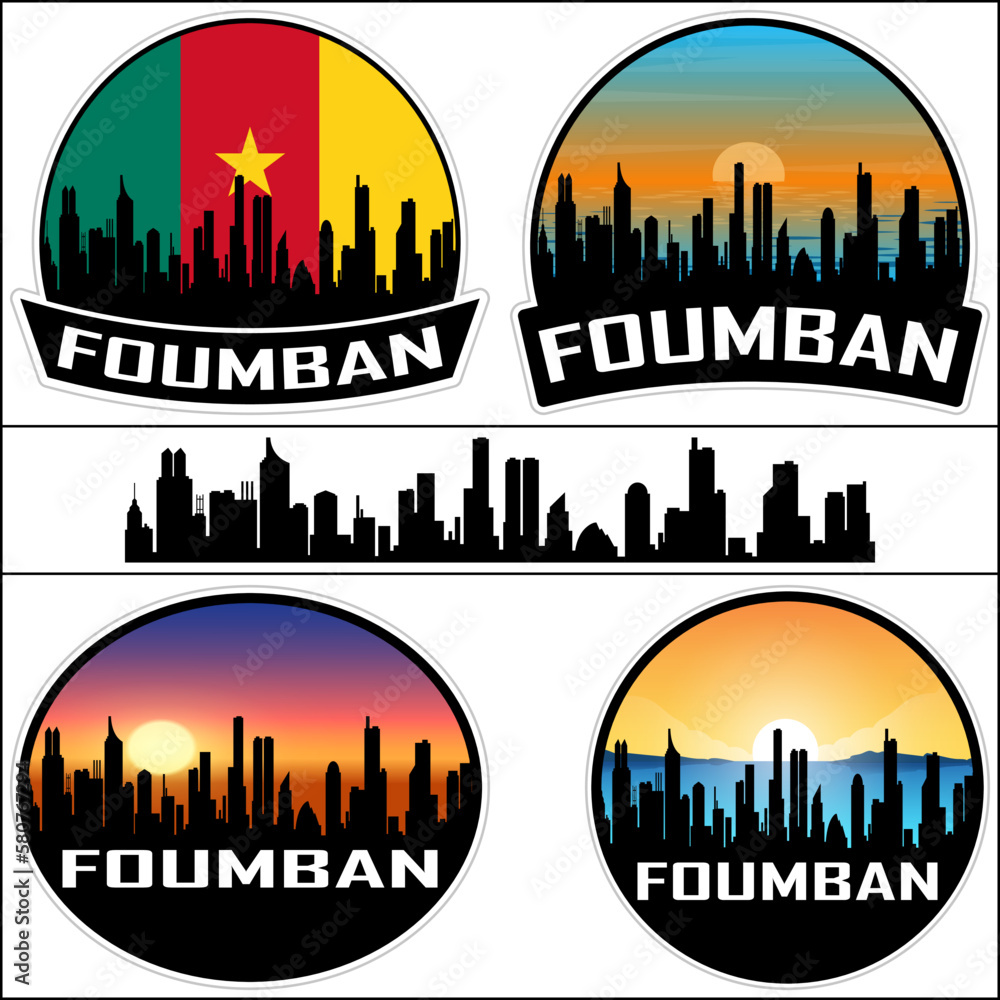 Foumban Skyline Silhouette Cameroon Flag Travel Souvenir Sticker Sunset Background Vector Illustration SVG EPS AI