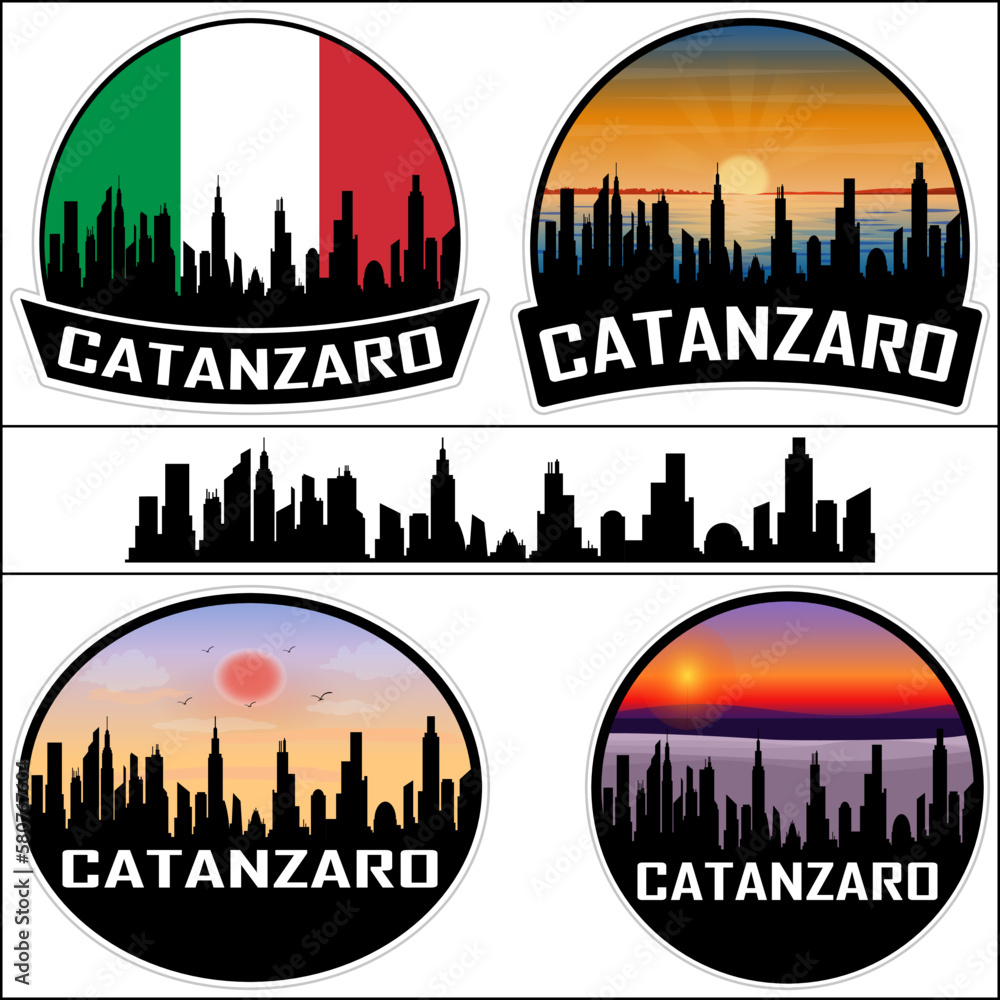 Catanzaro Skyline Silhouette Italy Flag Travel Souvenir Sticker Sunset Background Vector Illustration SVG EPS AI