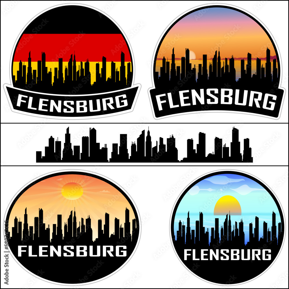 Flensburg Skyline Silhouette Germany Flag Travel Souvenir Sticker Sunset Background Vector Illustration SVG EPS AI