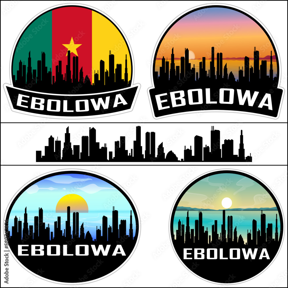 Ebolowa Skyline Silhouette Cameroon Flag Travel Souvenir Sticker Sunset Background Vector Illustration SVG EPS AI