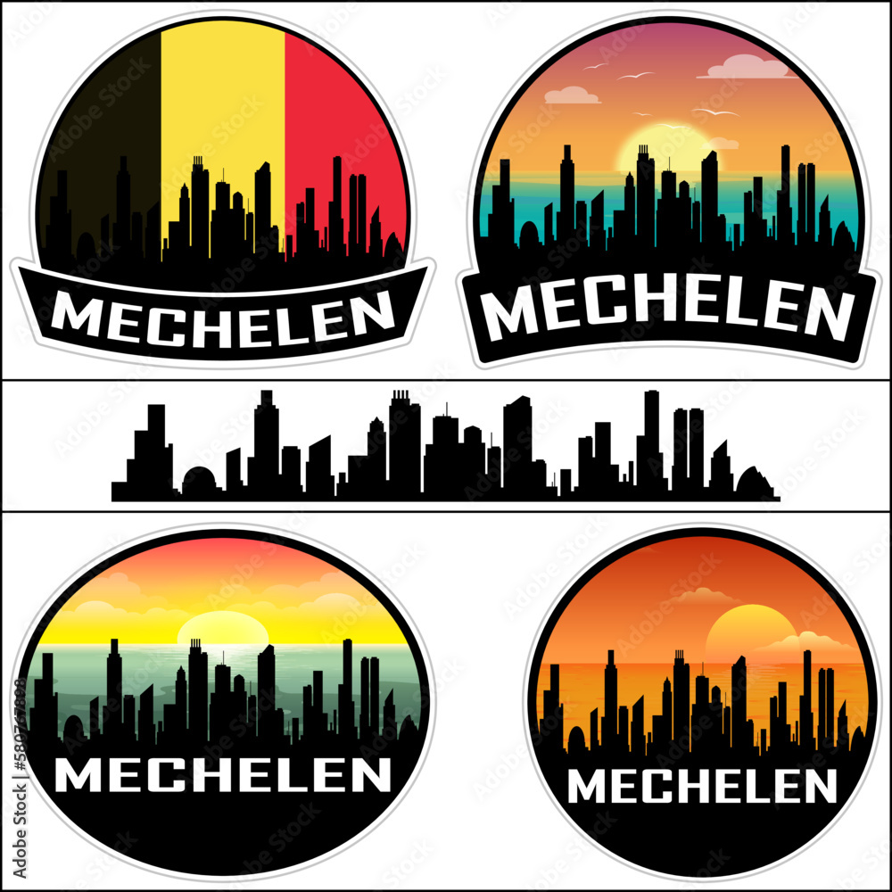 Mechelen Skyline Silhouette Belgium Flag Travel Souvenir Sticker Sunset Background Vector Illustration SVG EPS AI