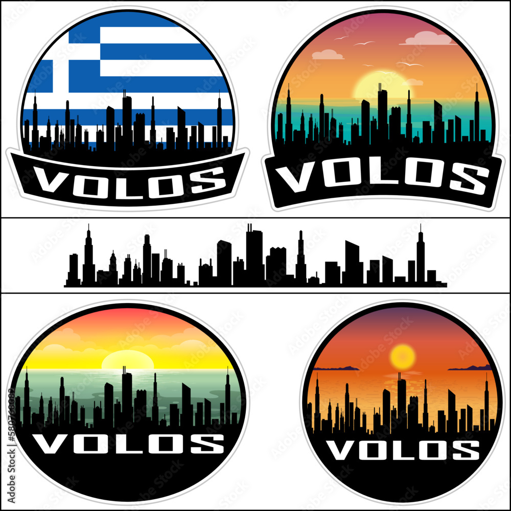 Volos Skyline Silhouette Greece Flag Travel Souvenir Sticker Sunset Background Vector Illustration SVG EPS AI