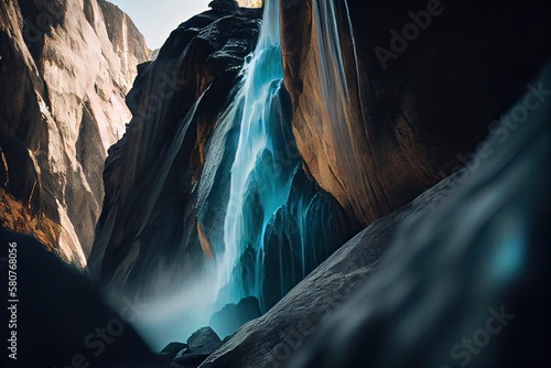 close-up view of stream waterfall. Waterfall close-up background. Water falling on the rocks in close up. Generative Ai.