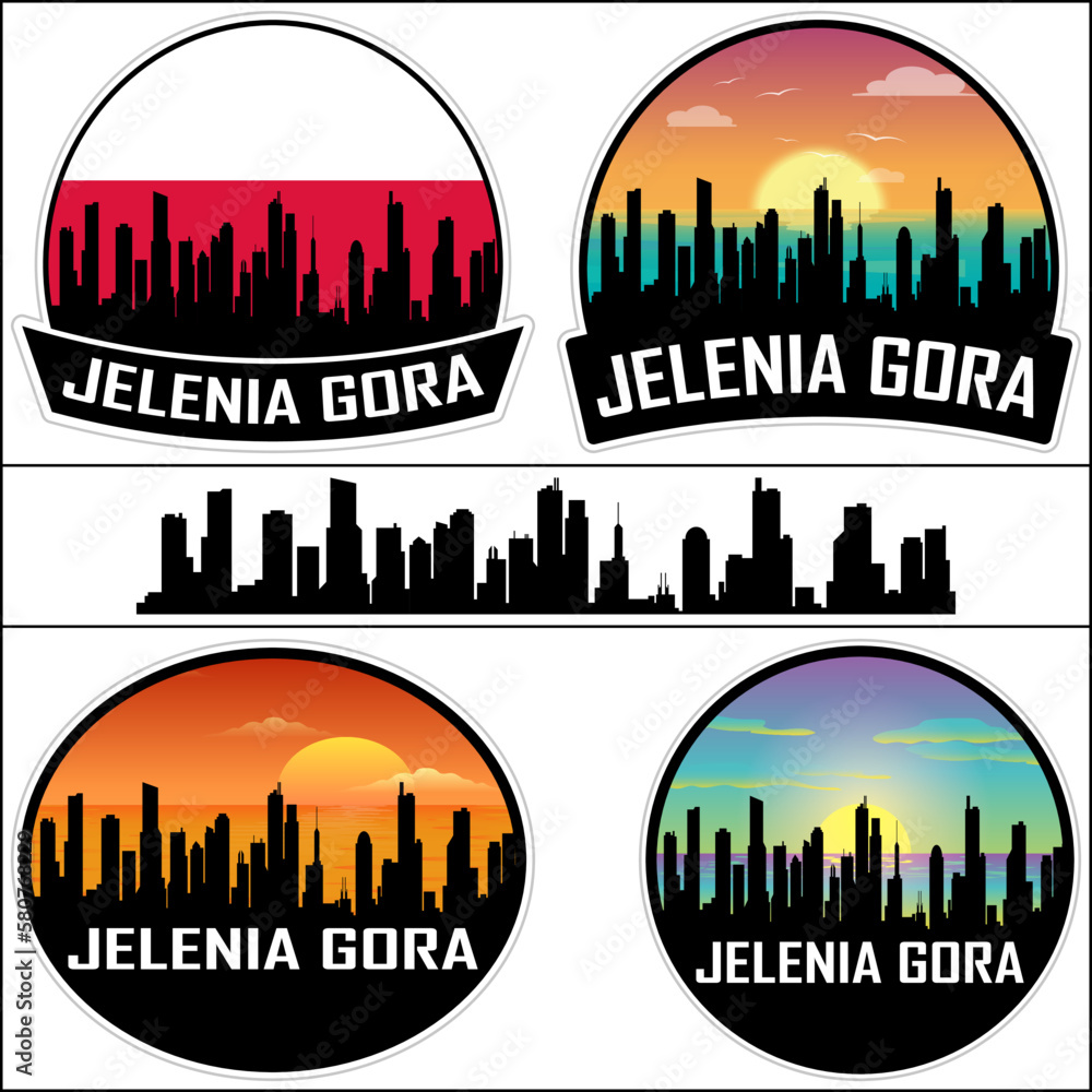 Jelenia Gora Skyline Silhouette Poland Flag Travel Souvenir Sticker Sunset Background Vector Illustration SVG EPS AI