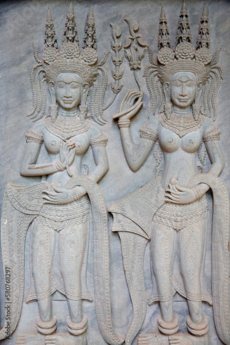 Apsara relief in a Siem Reap hotel. Cambodia.