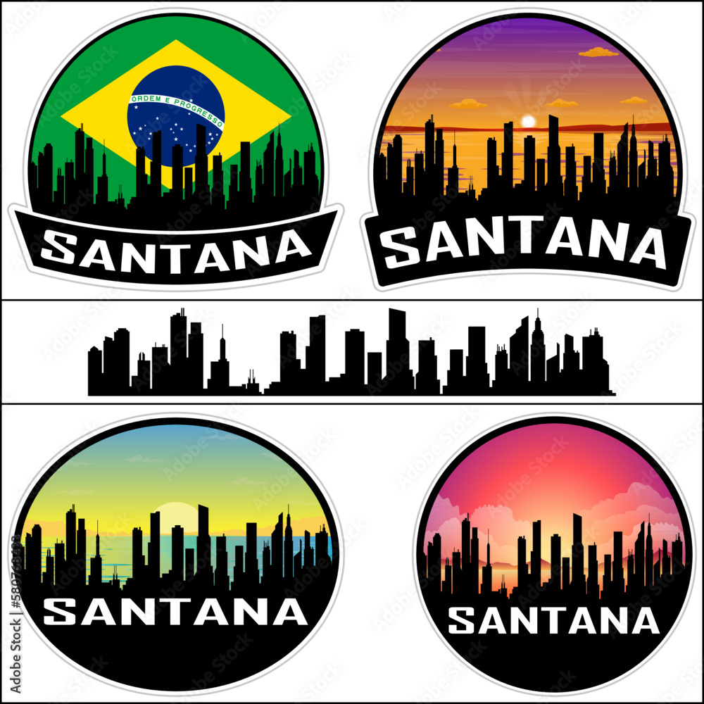 Santana Skyline Silhouette Brazil Flag Travel Souvenir Sticker Sunset Background Vector Illustration SVG EPS AI