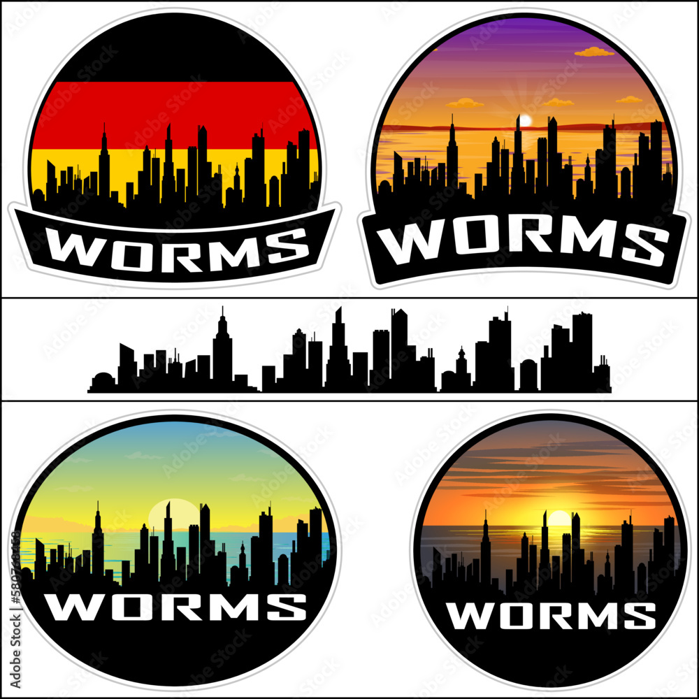 Worms Skyline Silhouette Germany Flag Travel Souvenir Sticker Sunset Background Vector Illustration SVG EPS AI