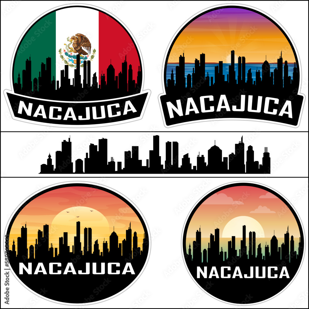 Nacajuca Skyline Silhouette Mexico Flag Travel Souvenir Sticker Sunset Background Vector Illustration SVG EPS AI