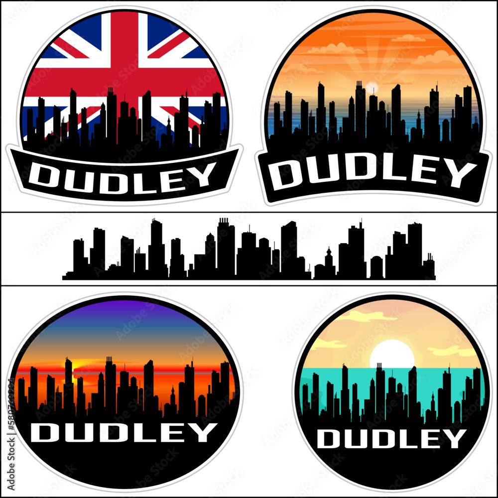 Dudley Skyline Silhouette Uk Flag Travel Souvenir Sticker Sunset Background Vector Illustration SVG EPS AI