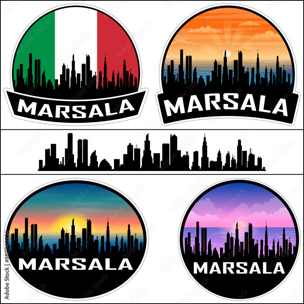 Marsala Skyline Silhouette Italy Flag Travel Souvenir Sticker Sunset Background Vector Illustration SVG EPS AI