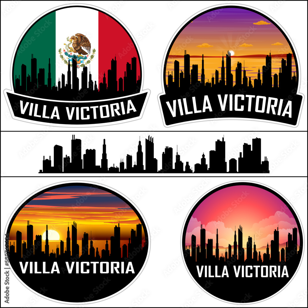 Villa Victoria Skyline Silhouette Mexico Flag Travel Souvenir Sticker Sunset Background Vector Illustration SVG EPS AI