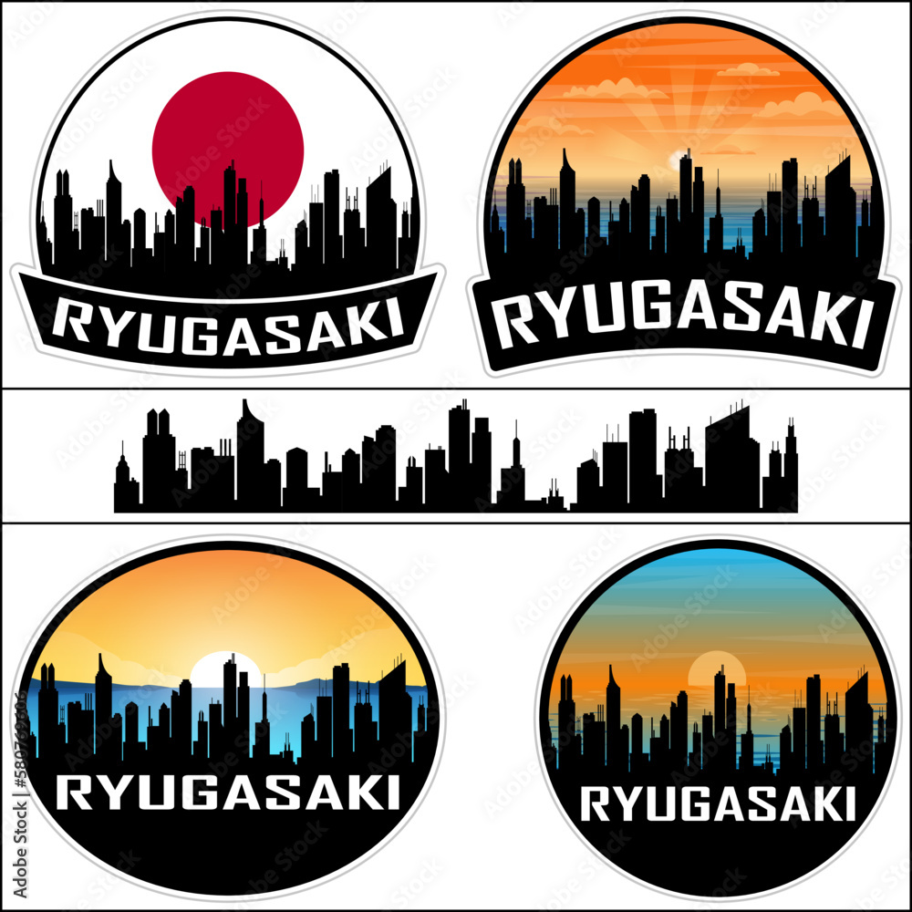 Ryugasaki Skyline Silhouette Japan Flag Travel Souvenir Sticker Sunset Background Vector Illustration SVG EPS AI