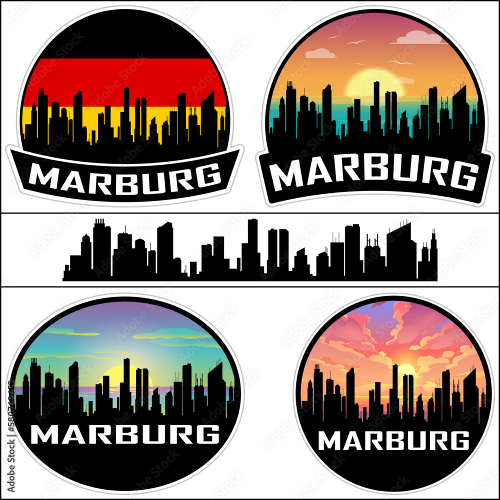 Marburg Skyline Silhouette Germany Flag Travel Souvenir Sticker Sunset Background Vector Illustration SVG EPS AI