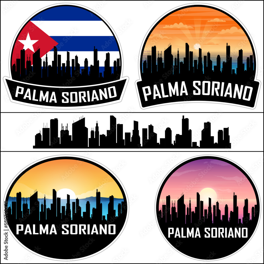 Palma Soriano Skyline Silhouette Cuba Flag Travel Souvenir Sticker Sunset Background Vector Illustration SVG EPS AI