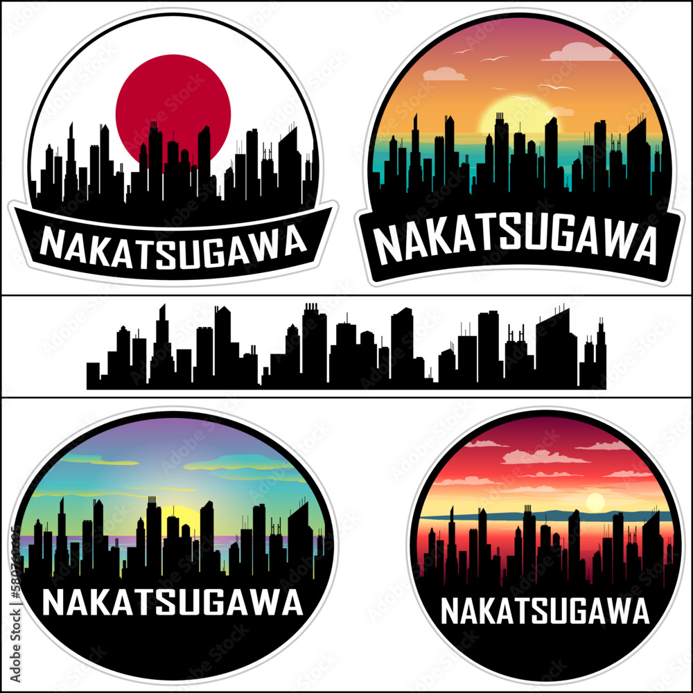 Nakatsugawa Skyline Silhouette Japan Flag Travel Souvenir Sticker Sunset Background Vector Illustration SVG EPS AI