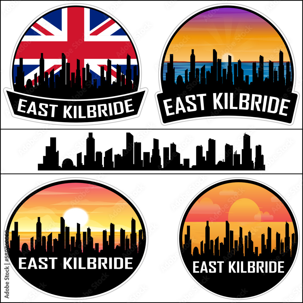 East Kilbride Skyline Silhouette Uk Flag Travel Souvenir Sticker Sunset Background Vector Illustration SVG EPS AI