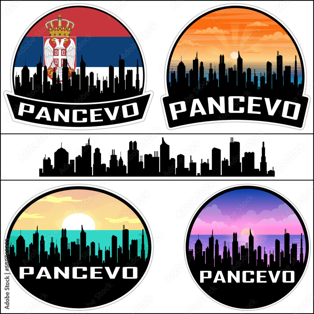 Pancevo Skyline Silhouette Serbia Flag Travel Souvenir Sticker Sunset Background Vector Illustration SVG EPS AI