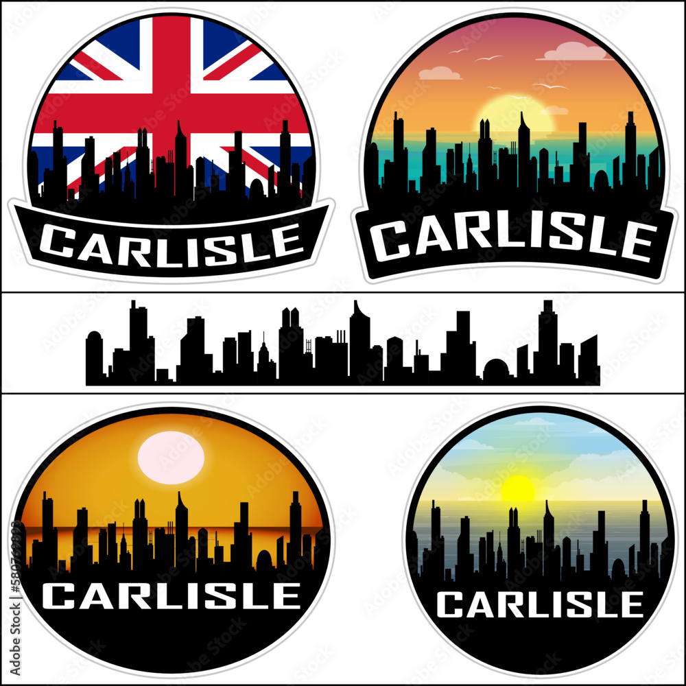 Carlisle Skyline Silhouette Uk Flag Travel Souvenir Sticker Sunset Background Vector Illustration SVG EPS AI