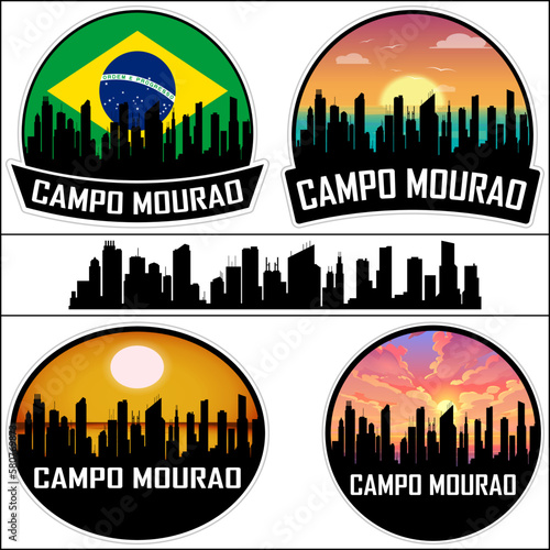 Campo Mourao Skyline Silhouette Brazil Flag Travel Souvenir Sticker Sunset Background Vector Illustration SVG EPS AI photo