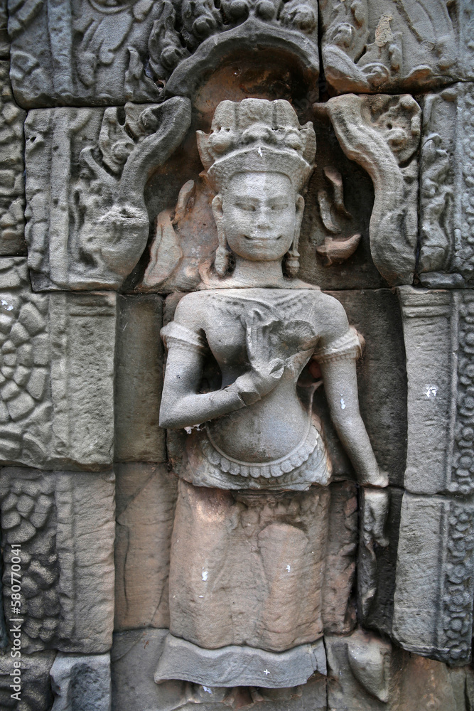 Angkor temple complex. Ta Prohm temple. Apsara. Cambodia.