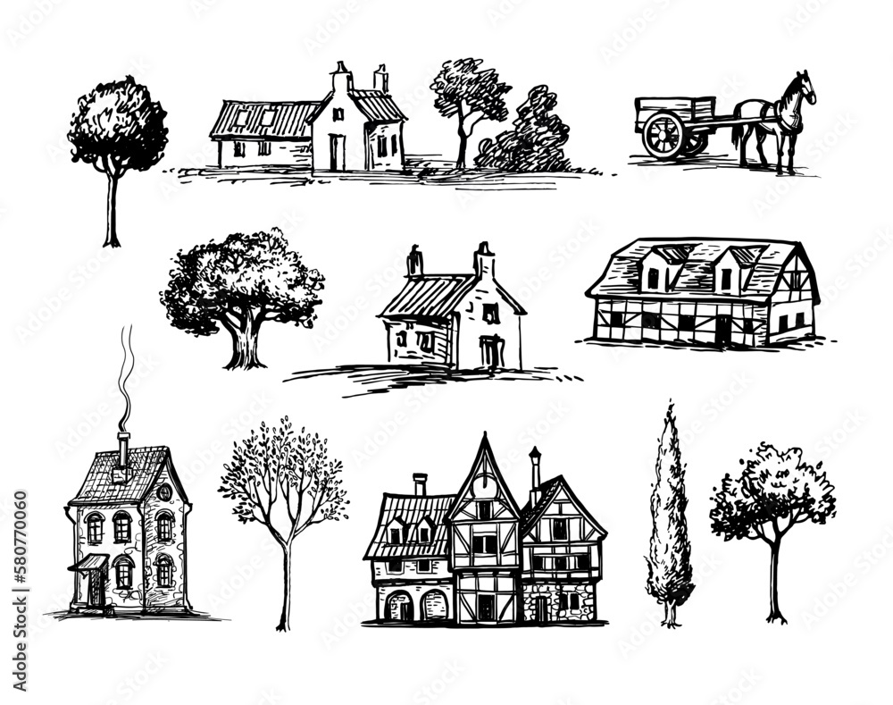 Fototapeta premium Old village ink sketches.